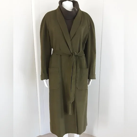Green Corduroy 100% Cotton Shawl Collar Belted Open Front Pocket Long Coat Sz L - Picture 1 of 7